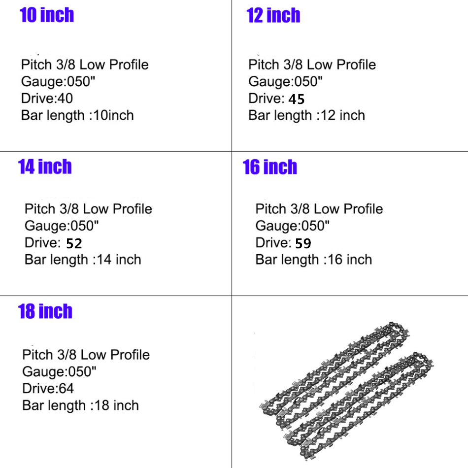 Chainsaw Chain 10-18 In 40-64 DLs for 3-8 In Pitch .050 In Gauge Chainsaws-2pk