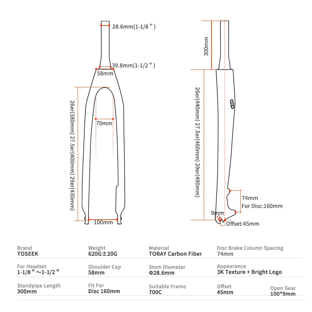 Fourche rigide VTT VTT 26-27,5-29 pouces en fibre de carbone pour frein à disque Fourche VTT