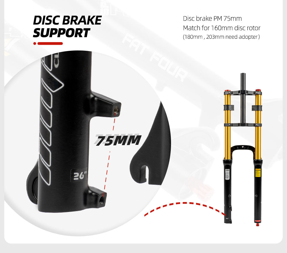 Mountain Fat Bike MTB double shoulder air suspension fork 26 - 4 in 135 mm