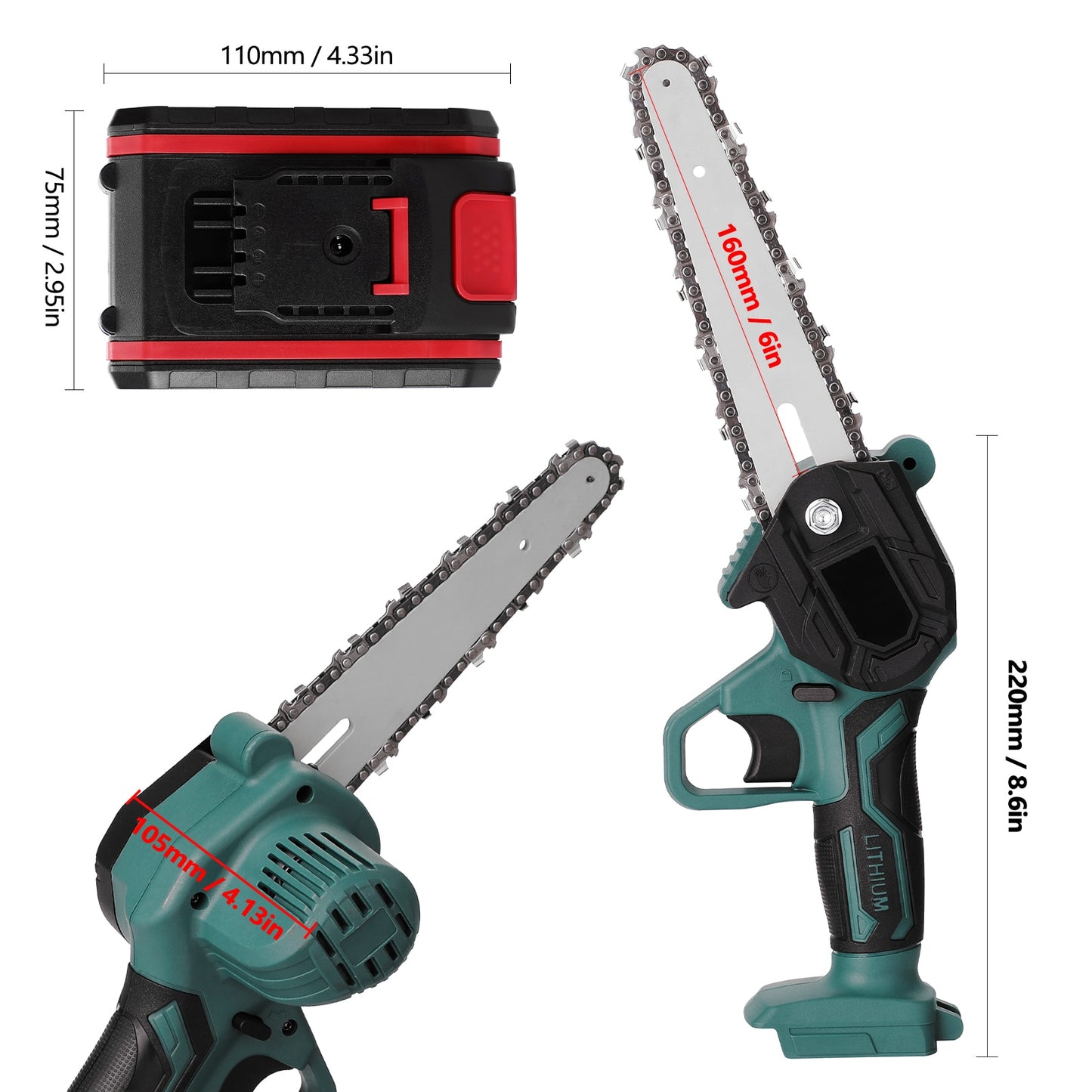 Tronçonneuse sans fil à batterie 21 V, 4, 6 ou 8 pouces, avec batterie et chargeur