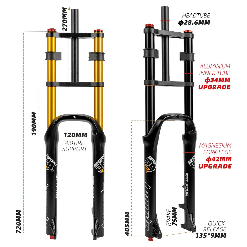 Fourche à suspension pneumatique Mountain Fat Bike VTT à double épaulement 26 - 4 po 135 mm