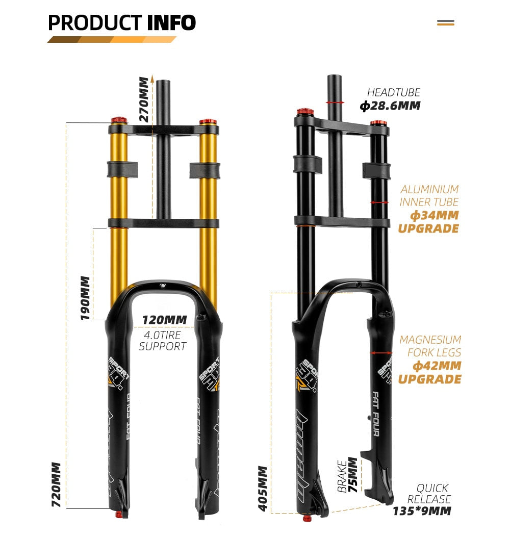 Fourche à suspension pneumatique Mountain Fat Bike VTT à double épaulement 26 - 4 po 135 mm