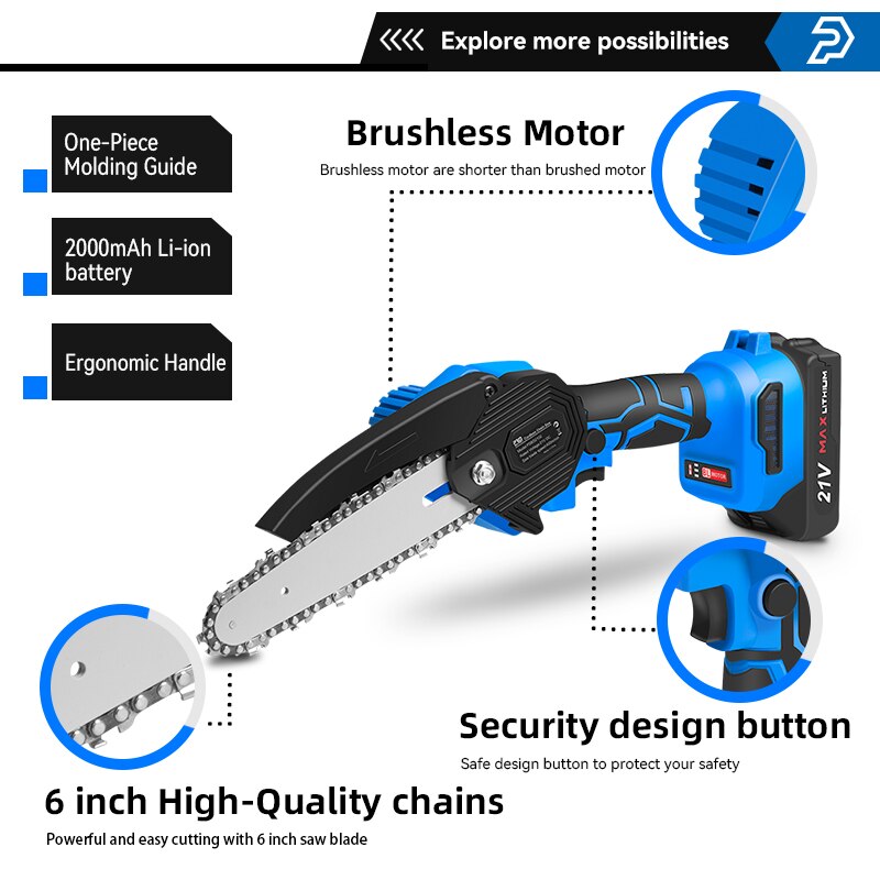 Prostormer 21v 6 In brushless battery chainsaw-pruning saw w Battery and Charger