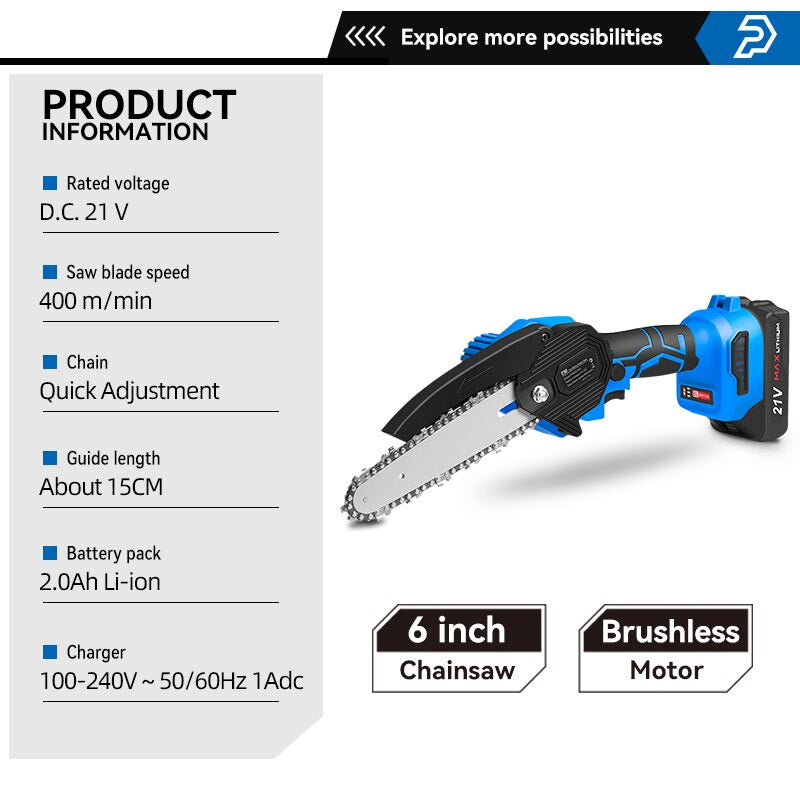 Prostormer 21v 6 In brushless battery chainsaw-pruning saw w Battery and Charger