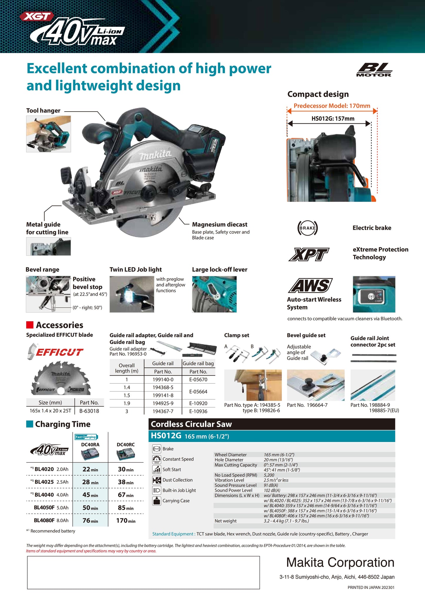 Makita HS012GZ -6,5 pouces - 5200 tr/min Scie circulaire sans fil sans balais 40 V XGT Li-Ion 